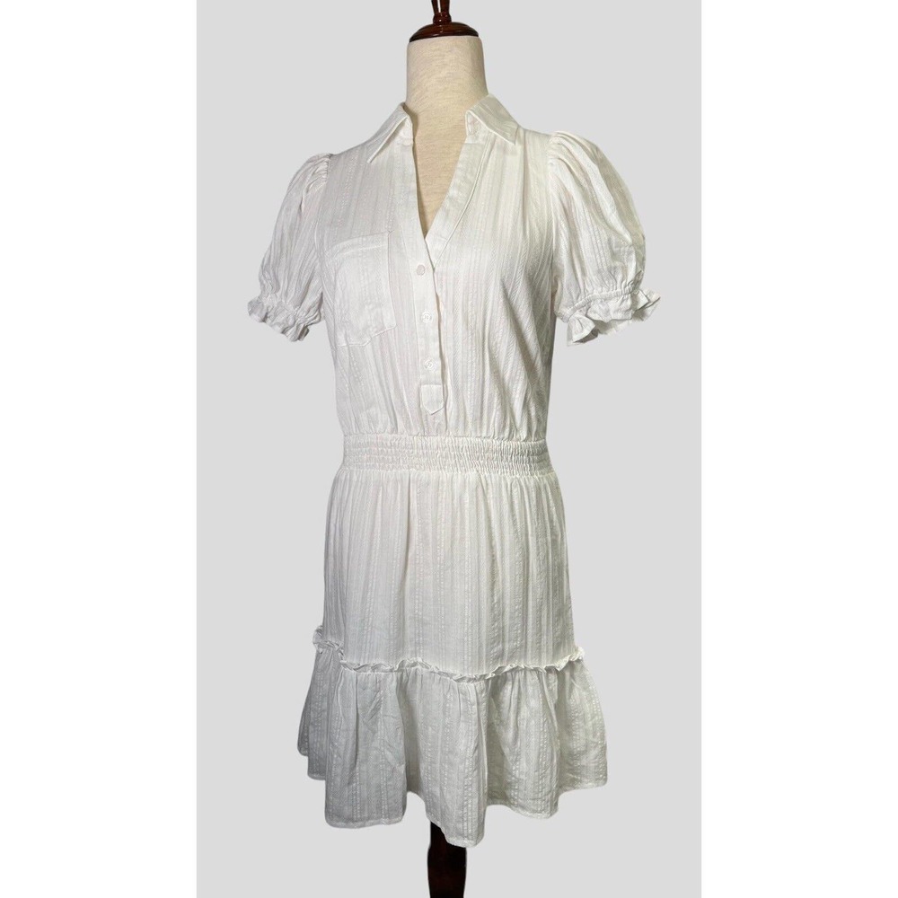 Lulus Dress Buttons Ruffles Sunny Day Picnic White Puff‎ Sleeve Collared Mini S